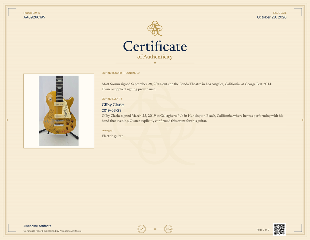Guns N' Roses Slash, Axl Rose, Steven Adler with sketch, Matt Sorum with sketch, Izzy Stradlin and Gilby Clarke gold Les Paul full size vintage electric guitar signed with proof and full provenance & CHAT GPT Authentication analysis - AA09260195 - image 8