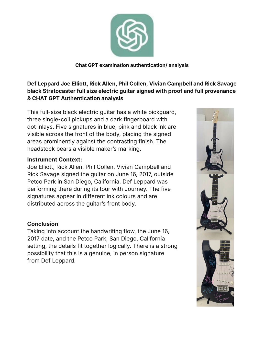 Def Leppard Joe Elliott, Rick Allen, Phil Collen, Vivian Campbell and Rick Savage black Stratocaster full size electric guitar signed with proof and full provenance & CHAT GPT Authentication analysis - AA09260192 - image 8
