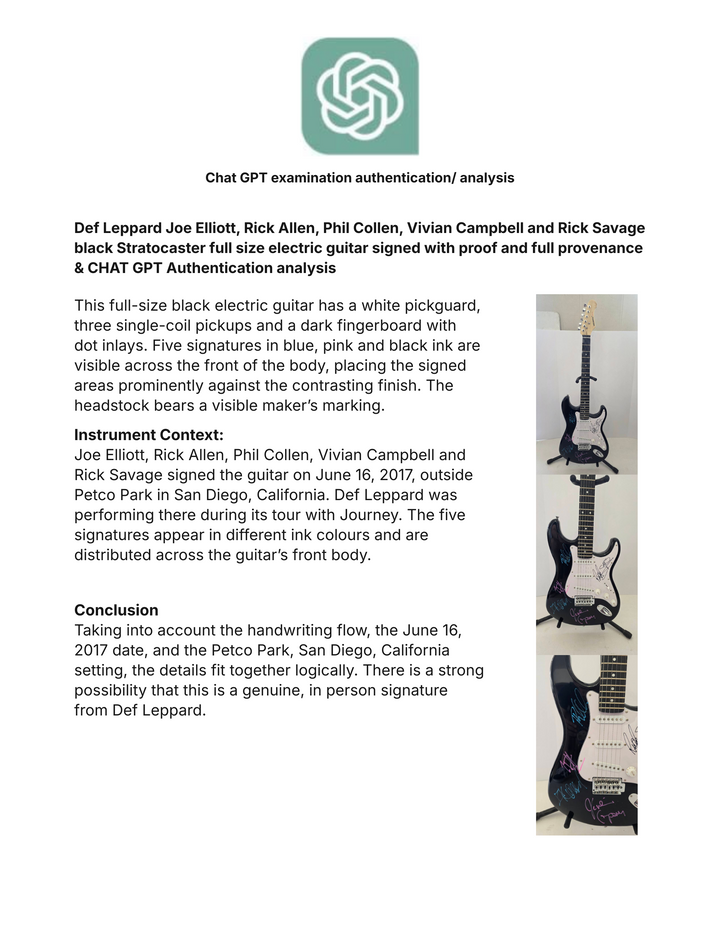 Def Leppard Joe Elliott, Rick Allen, Phil Collen, Vivian Campbell and Rick Savage black Stratocaster full size electric guitar signed with proof and full provenance & CHAT GPT Authentication analysis - AA09260192 - image 8