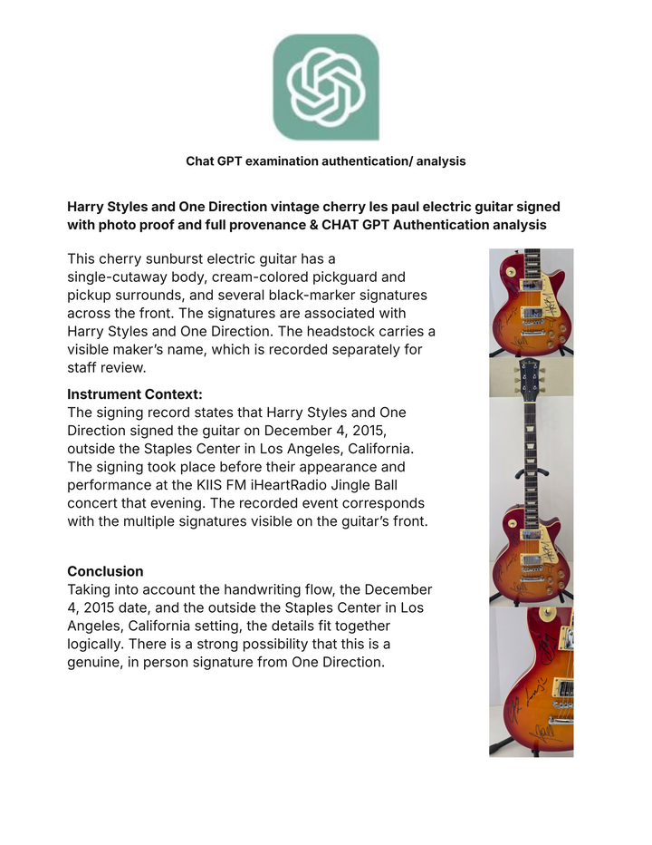 Harry Styles and One Direction vintage cherry les paul electric guitar signed with photo proof and full provenance & CHAT GPT Authentication analysis - AA0926061 - image 8