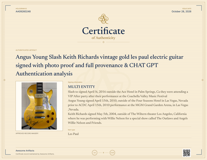 Angus Young Slash Keith Richards vintage gold les paul electric guitar signed with photo proof and full provenance & CHAT GPT Authentication analysis - AA09260248 - image 8