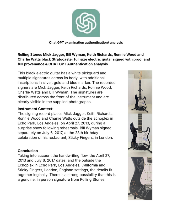 Rolling Stones Mick Jagger, Bill Wyman, Keith Richards, Ronnie Wood and Charlie Watts black Stratocaster full size electric guitar signed with proof and full provenance & CHAT GPT Authentication analysis - AA09260191 - image 8