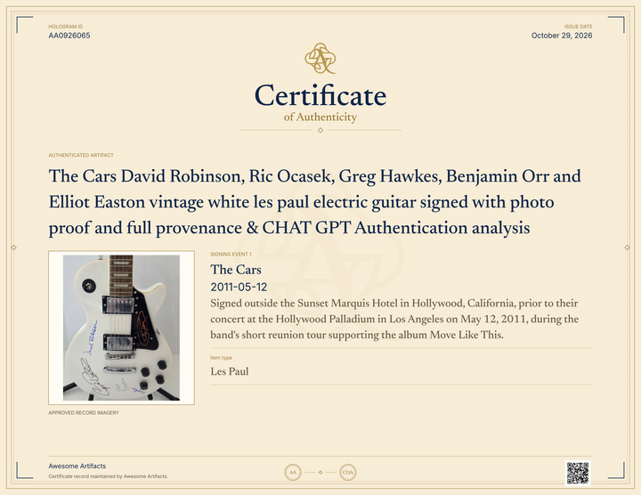 The Cars David Robinson, Ric Ocasek, Greg Hawkes, Benjamin Orr and Elliot Easton vintage white les paul electric guitar signed with photo proof and full provenance & CHAT GPT Authentication analysis - AA0926065 - image 8