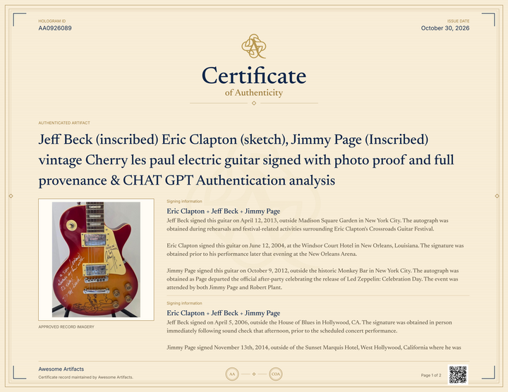 Jeff Beck (inscribed) Eric Clapton (sketch), Jimmy Page (Inscribed)  vintage Cherry les paul electric guitar signed with photo proof and full provenance & CHAT GPT Authentication analysis - AA0926089 - image 8