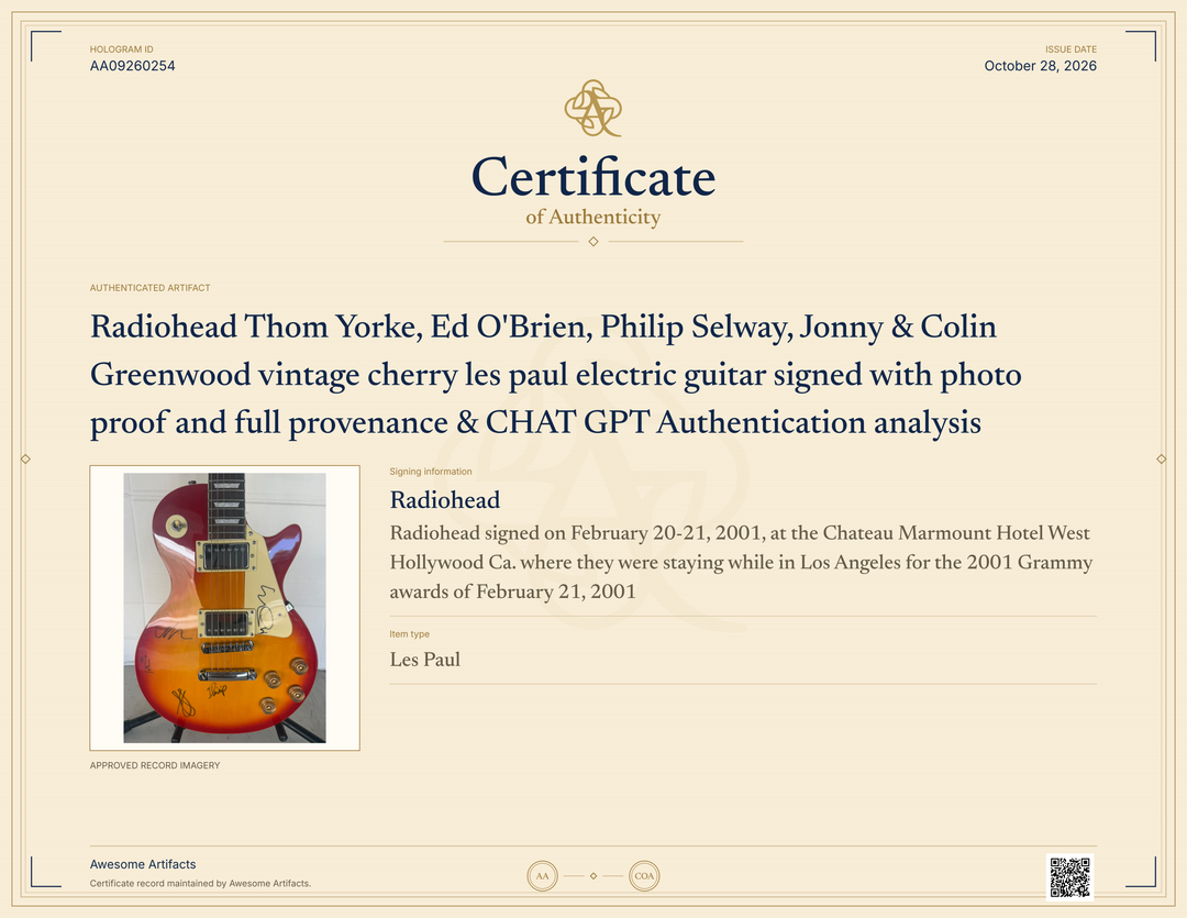 Radiohead Thom Yorke, Ed O'Brien, Philip Selway, Jonny & Colin Greenwood vintage cherry les paul electric guitar signed with photo proof and full provenance & CHAT GPT Authentication analysis - AA09260254 - image 8