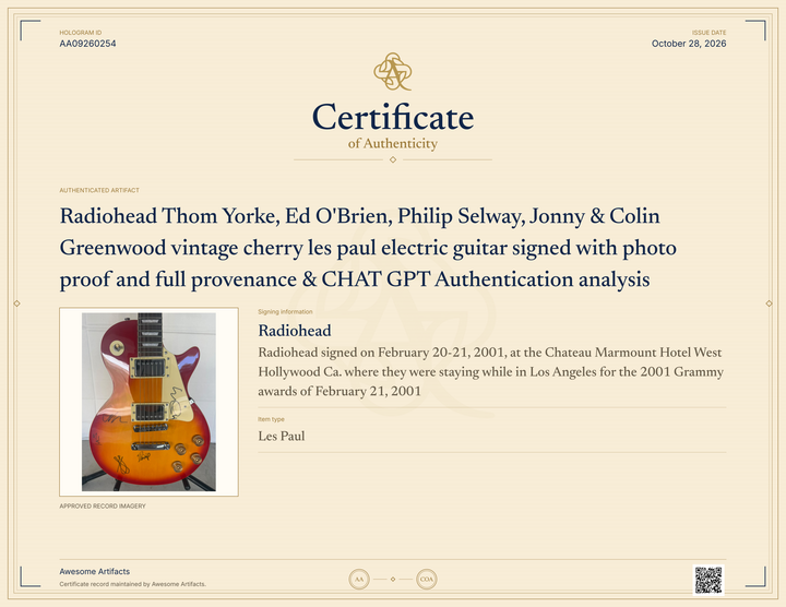 Radiohead Thom Yorke, Ed O'Brien, Philip Selway, Jonny & Colin Greenwood vintage cherry les paul electric guitar signed with photo proof and full provenance & CHAT GPT Authentication analysis - AA09260254 - image 8