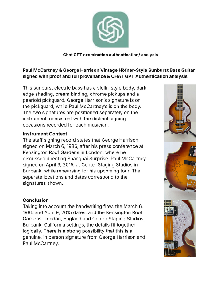Paul McCartney & George Harrison Vintage Höfner-Style Sunburst Bass Guitar signed with proof and full provenance & CHAT GPT Authentication analysis - AA09260185 - image 8
