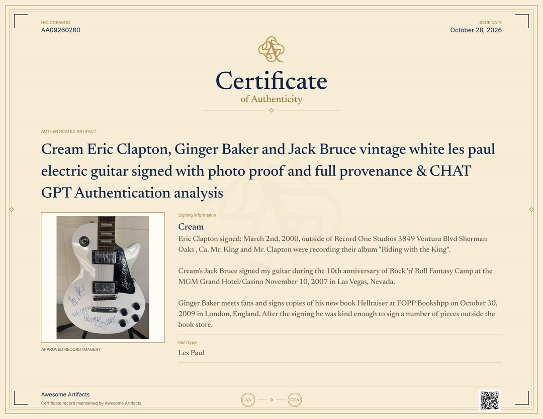 Cream Eric Clapton, Ginger Baker and Jack Bruce vintage white les paul electric guitar signed with photo proof and full provenance & CHAT GPT Authentication analysis - AA09260260 - image 8