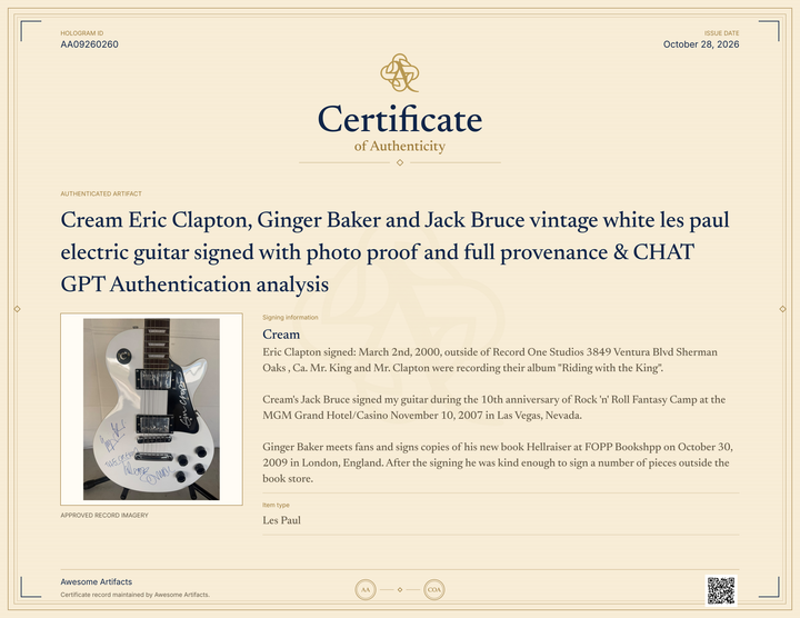 Cream Eric Clapton, Ginger Baker and Jack Bruce vintage white les paul electric guitar signed with photo proof and full provenance & CHAT GPT Authentication analysis - AA09260260 - image 8