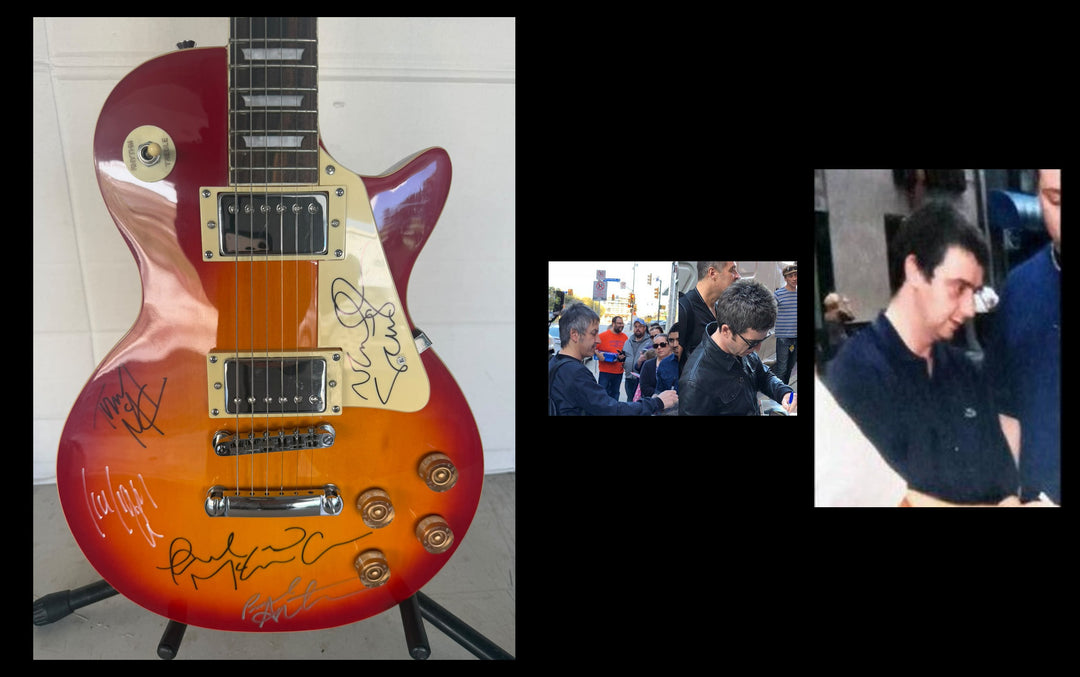 Noel Gallagher, Liam Gallagher, Paul "Bonehead" Arthurs, Paul "Guigsy" McGuigan and Alan White cherry les paul electric guitar signed with photo proof and full provenance & CHAT GPT Authentication analysis - AA09260259 - image 8