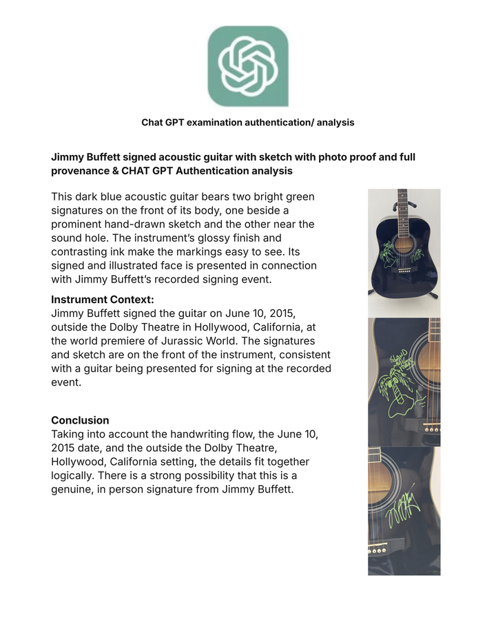 Jimmy Buffett signed acoustic guitar with sketch with photo proof and full provenance & CHAT GPT Authentication analysis - AA09260183 - image 8