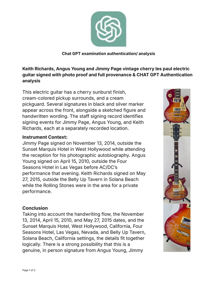 Keith Richards, Angus Young and Jimmy Page vintage cherry les paul electric guitar signed with photo proof and full provenance & CHAT GPT Authentication analysis - AA0926067 - image 8