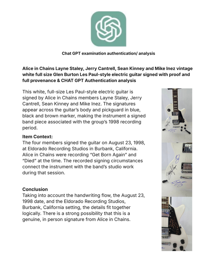 Alice in Chains Layne Staley, Jerry Cantrell, Sean Kinney and Mike Inez vintage white full size Glen Burton Les Paul-style electric guitar signed with proof and full provenance & CHAT GPT Authentication analysis - AA0926072 - image 8