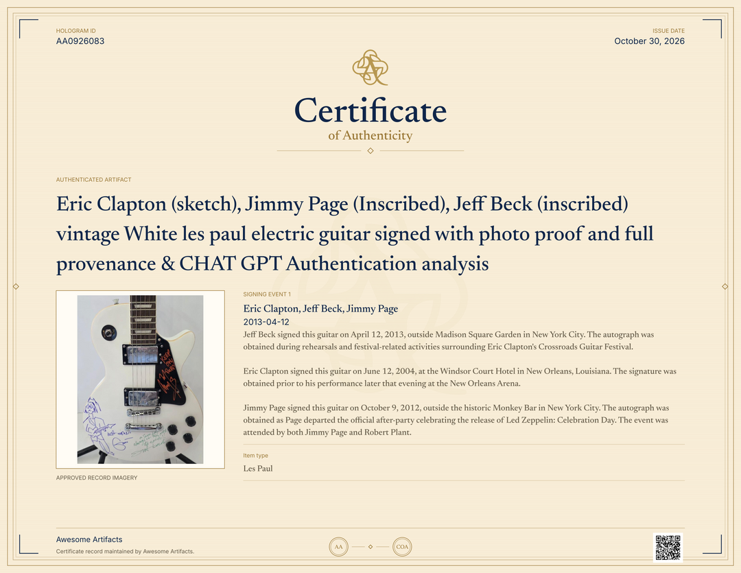 Eric Clapton (sketch), Jimmy Page (Inscribed), Jeff Beck (inscribed) vintage White les paul electric guitar signed with photo proof and full provenance & CHAT GPT Authentication analysis - AA0926083 - image 8