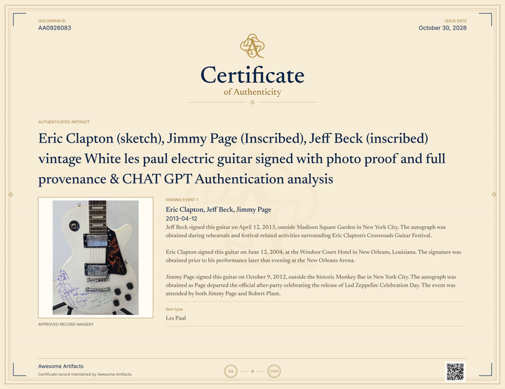 Eric Clapton (sketch), Jimmy Page (Inscribed), Jeff Beck (inscribed) vintage White les paul electric guitar signed with photo proof and full provenance & CHAT GPT Authentication analysis - AA0926083 - image 8