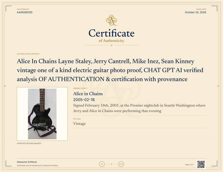 Alice In Chains Layne Staley, Jerry Cantrell, Mike Inez, Sean Kinney vintage one of a kind electric guitar photo proof, CHAT GPT AI verified analysis OF AUTHENTICATION & certification with provenance - AA09260105 - image 8