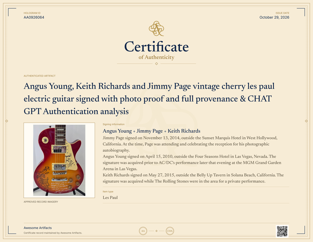 Angus Young, Keith Richards and Jimmy Page vintage cherry les paul electric guitar signed with photo proof and full provenance & CHAT GPT Authentication analysis - AA0926064 - image 8