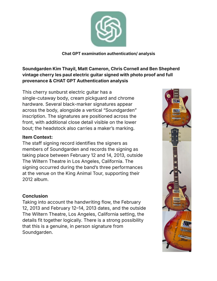 Soundgarden Kim Thayil, Matt Cameron, Chris Cornell and Ben Shepherd  vintage cherry les paul electric guitar signed with photo proof and full provenance & CHAT GPT Authentication analysis - AA0926063 - image 8