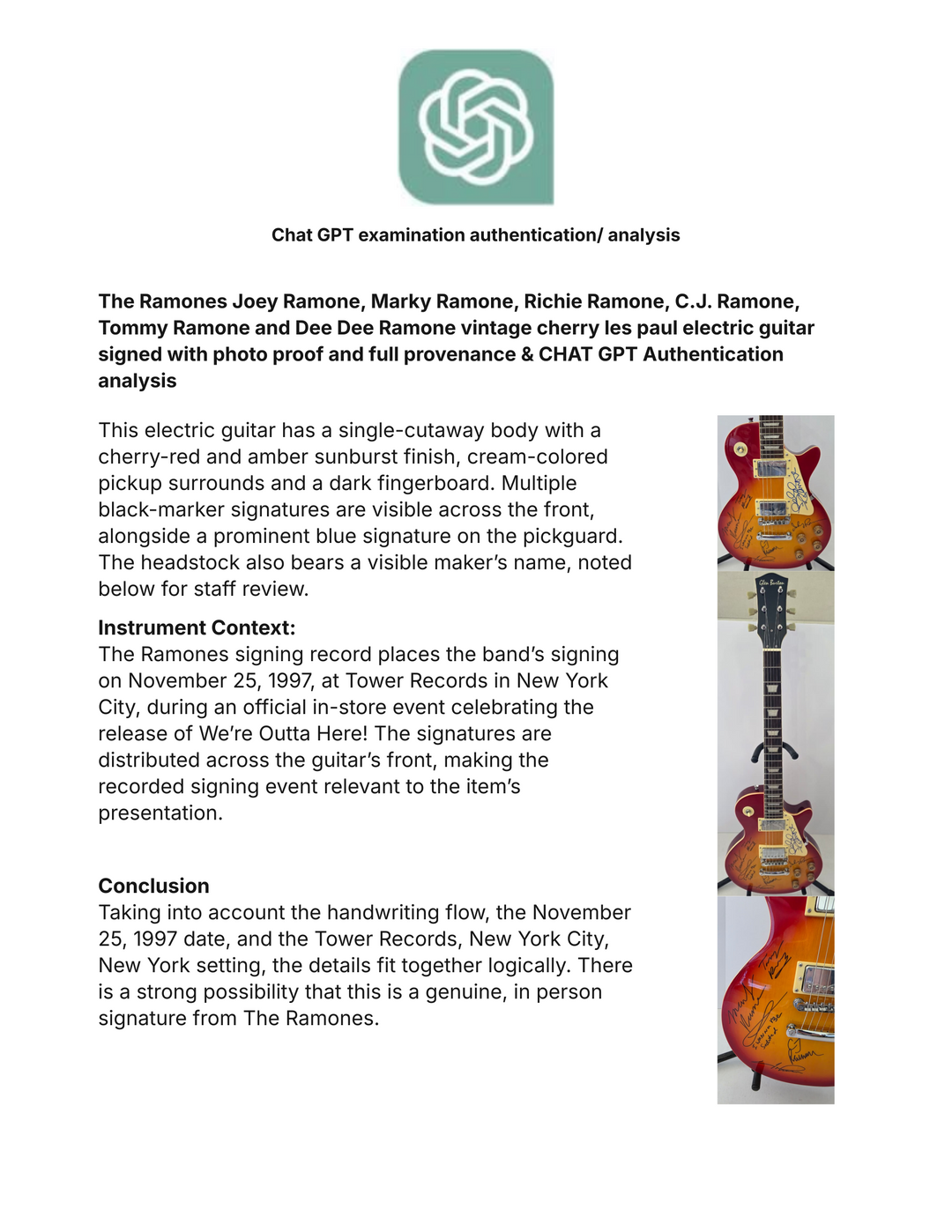 The Ramones Joey Ramone, Marky Ramone, Richie Ramone, C.J. Ramone, Tommy Ramone and Dee Dee Ramone vintage cherry les paul electric guitar signed with photo proof and full provenance & CHAT GPT Authentication analysis - AA0926069 - image 8