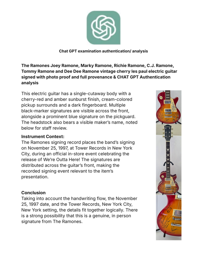 The Ramones Joey Ramone, Marky Ramone, Richie Ramone, C.J. Ramone, Tommy Ramone and Dee Dee Ramone vintage cherry les paul electric guitar signed with photo proof and full provenance & CHAT GPT Authentication analysis - AA0926069 - image 8