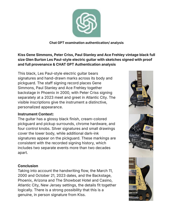 Kiss Gene Simmons, Peter Criss, Paul Stanley and Ace Frehley vintage black full size Glen Burton Les Paul-style electric guitar with sketches signed with proof and full provenance & CHAT GPT Authentication analysis - AA0926075 - image 8
