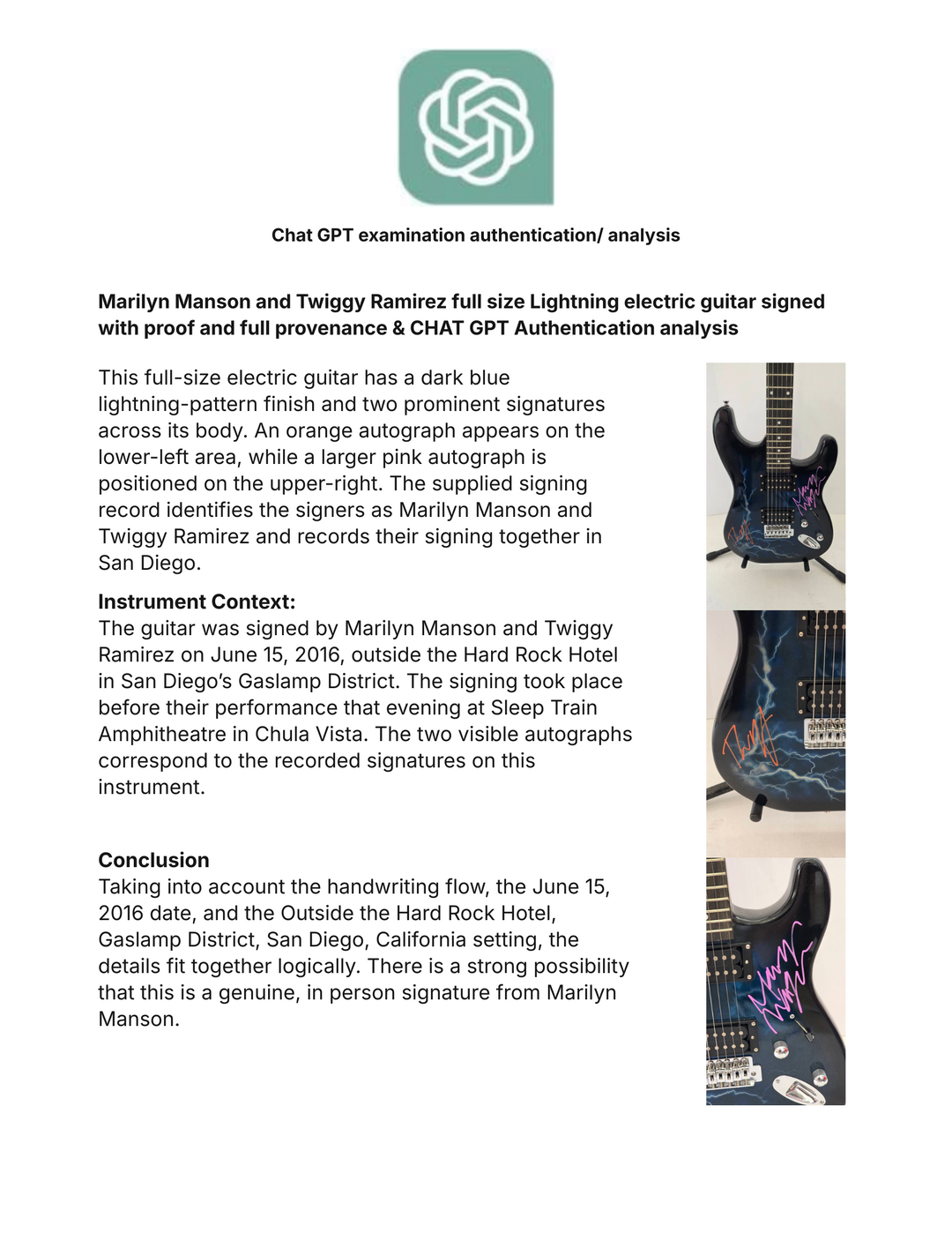 Marilyn Manson and Twiggy Ramirez full size Lightning electric guitar signed with proof and full provenance & CHAT GPT Authentication analysis - AA09260180 - image 8