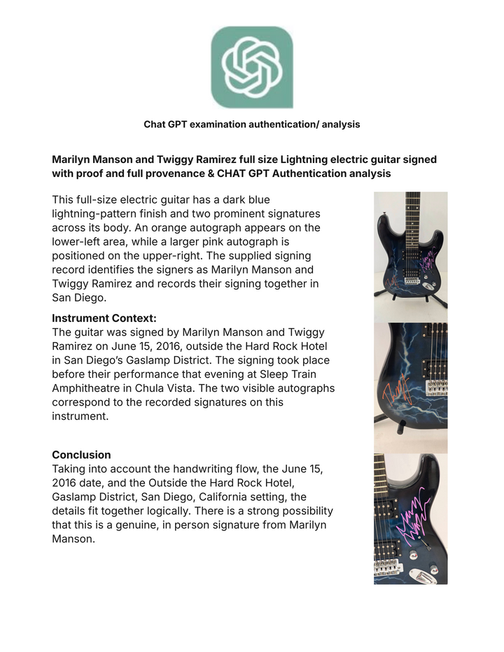 Marilyn Manson and Twiggy Ramirez full size Lightning electric guitar signed with proof and full provenance & CHAT GPT Authentication analysis - AA09260180 - image 8