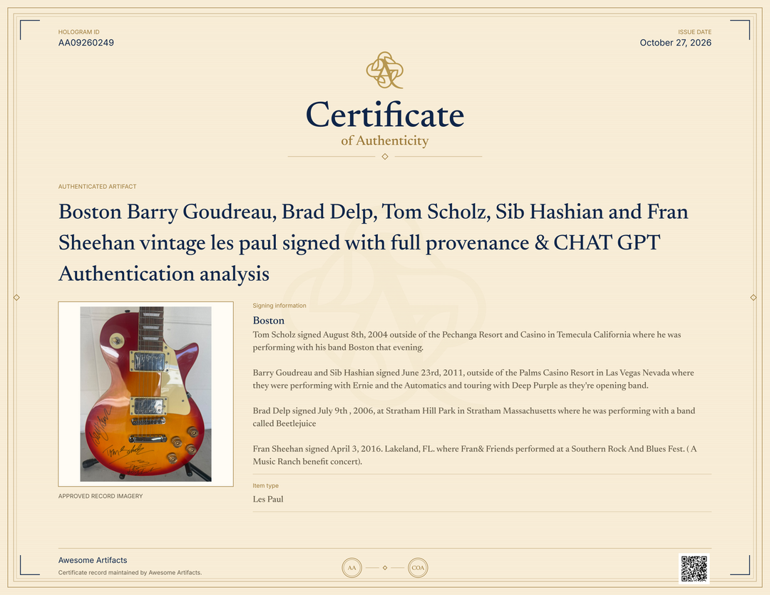 Boston Barry Goudreau, Tom Scholz, Sib Hashian and Fran Sheehan vintage les paul signed with full provenance & CHAT GPT Authentication analysis - AA09260249 - image 8