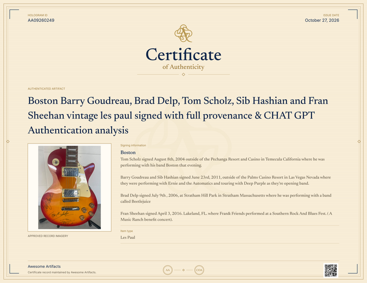 Boston Barry Goudreau, Tom Scholz, Sib Hashian and Fran Sheehan vintage les paul signed with full provenance & CHAT GPT Authentication analysis - AA09260249 - image 8