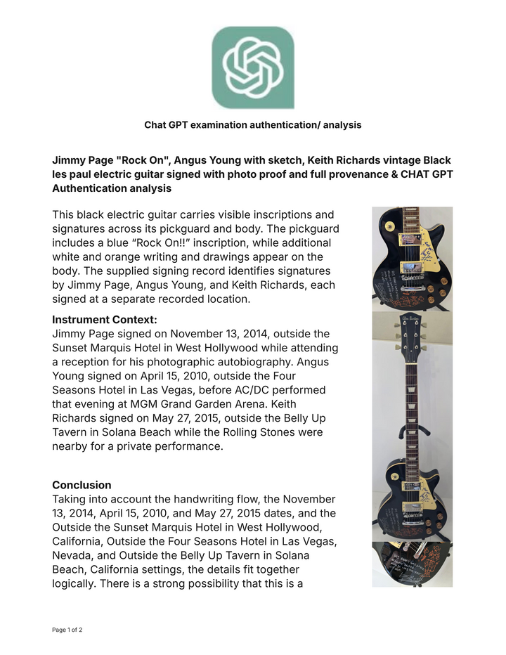 Jimmy Page "Rock On", Angus Young with sketch, Keith Richards vintage Black les paul electric guitar signed with photo proof and full provenance & CHAT GPT Authentication analysis - AA0926086 - image 8