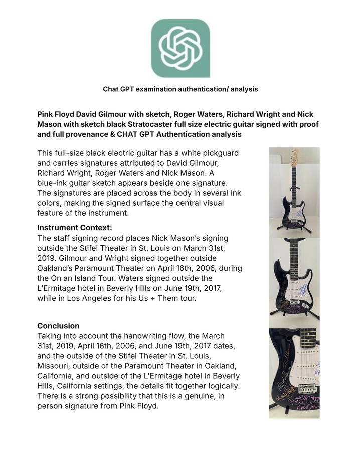 Pink Floyd David Gilmour with sketch, Roger Waters, Richard Wright and Nick Mason with sketch black Stratocaster full size electric guitar signed with proof and full provenance & CHAT GPT Authentication analysis - AA09260190 - image 8