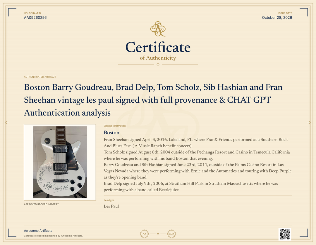 Boston Barry Goudreau, Brad Delp, Tom Scholz, Sib Hashian and Fran Sheehan vintage les paul signed with full provenance & CHAT GPT Authentication analysis - AA09260256 - image 8