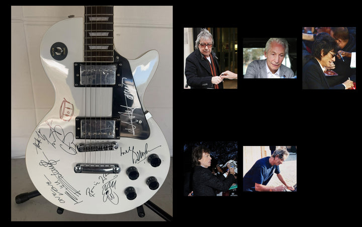 Rolling Stones Mick Jagger, Keith Richards, Bill Wyman, Charlie Watts & Ronnie Wood white les paul electric guitar signed with photo proof and full provenance & CHAT GPT Authentication analysis - AA09260258 - image 9