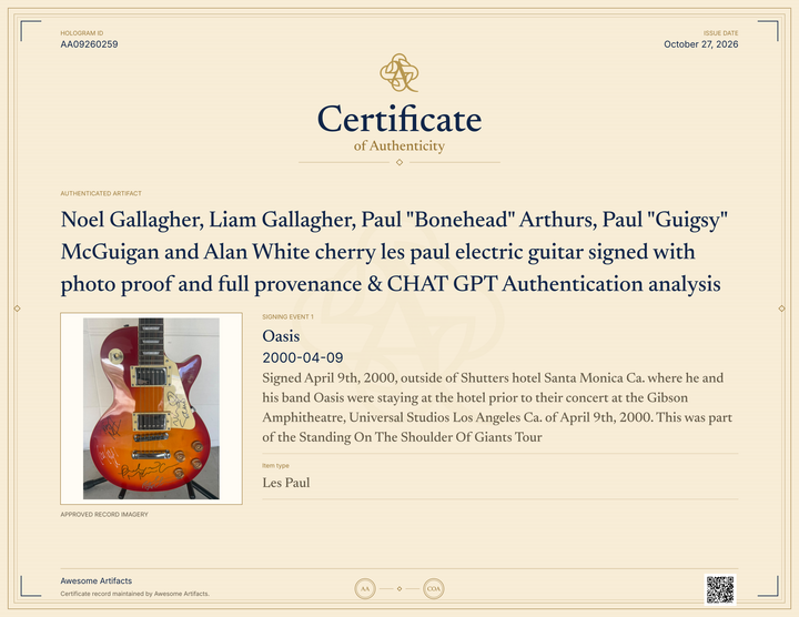 Noel Gallagher, Liam Gallagher, Paul "Bonehead" Arthurs, Paul "Guigsy" McGuigan and Alan White cherry les paul electric guitar signed with photo proof and full provenance & CHAT GPT Authentication analysis - AA09260259 - image 9