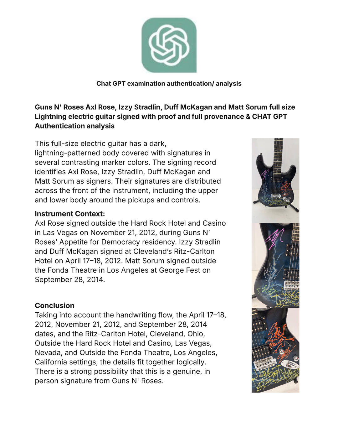 Guns N' Roses Axl Rose, Izzy Stradlin, Duff McKagan and Matt Sorum full size Lightning electric guitar signed with proof and full provenance & CHAT GPT Authentication analysis - AA09260177 - image 9