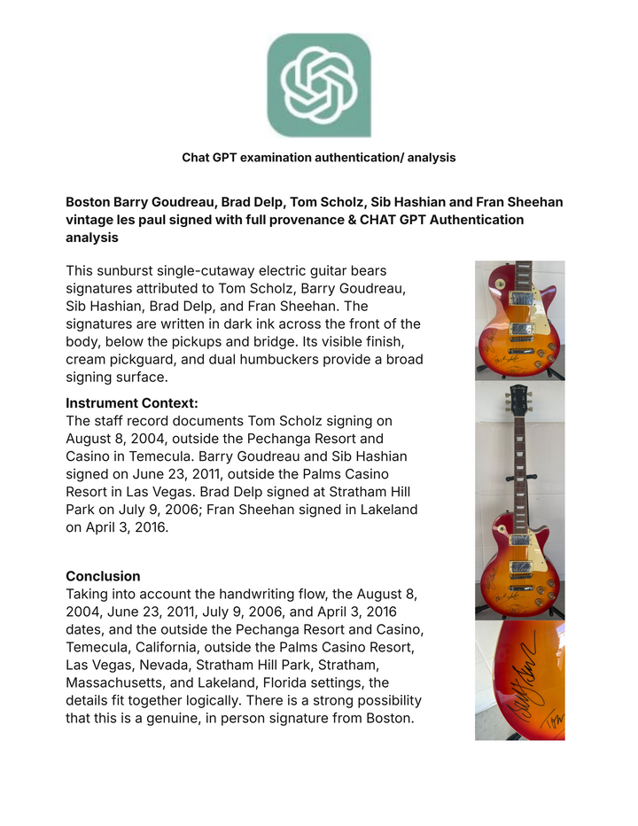 Boston Barry Goudreau, Tom Scholz, Sib Hashian and Fran Sheehan vintage les paul signed with full provenance & CHAT GPT Authentication analysis - AA09260249 - image 9