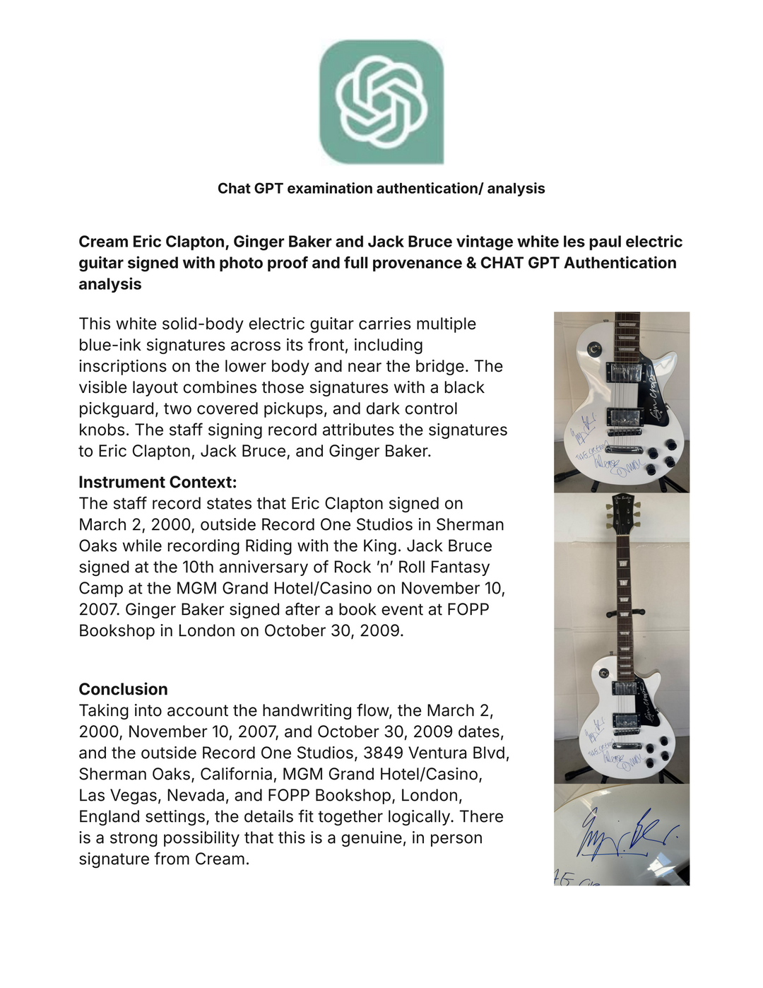 Cream Eric Clapton, Ginger Baker and Jack Bruce vintage white les paul electric guitar signed with photo proof and full provenance & CHAT GPT Authentication analysis - AA09260260 - image 9