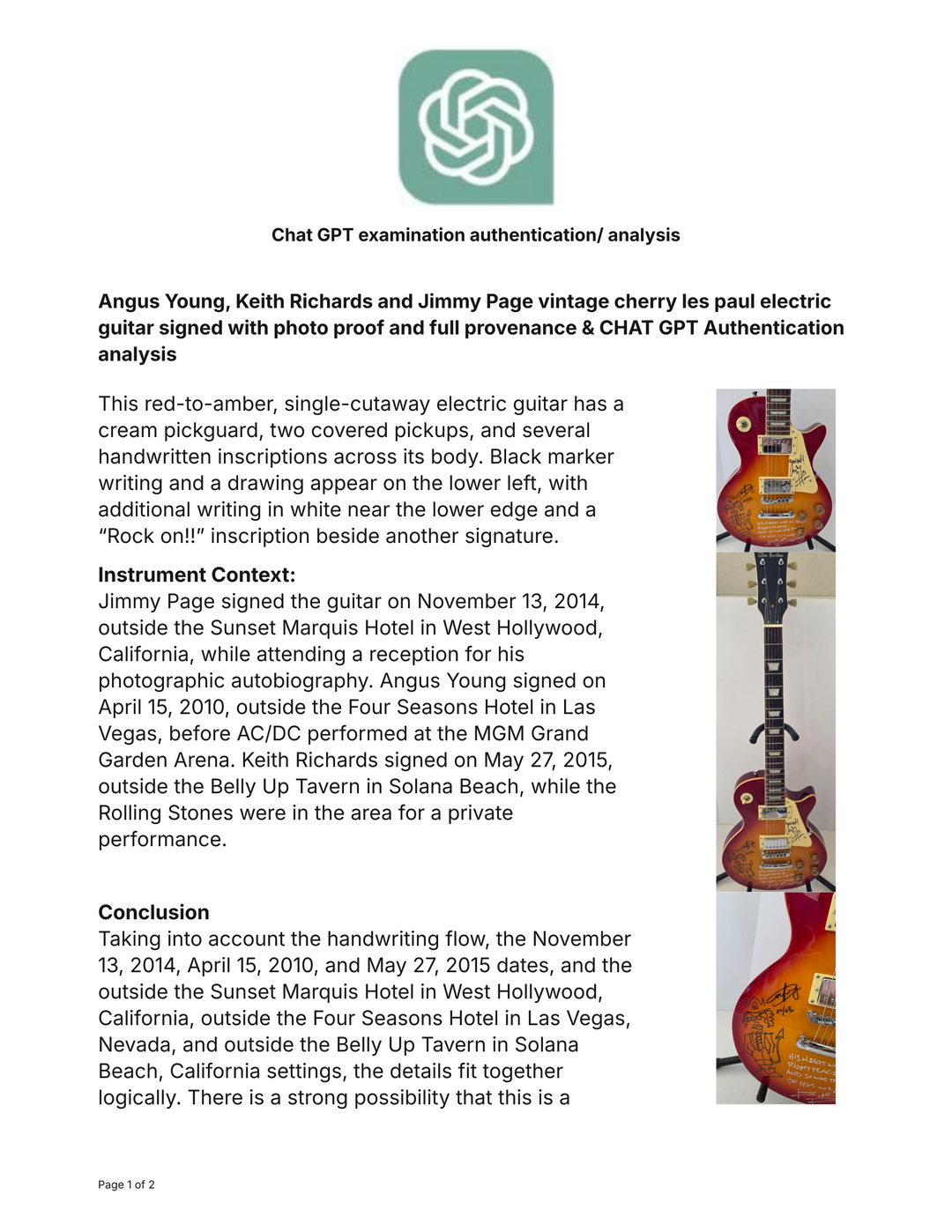 Angus Young, Keith Richards and Jimmy Page vintage cherry les paul electric guitar signed with photo proof and full provenance & CHAT GPT Authentication analysis - AA0926064 - image 9