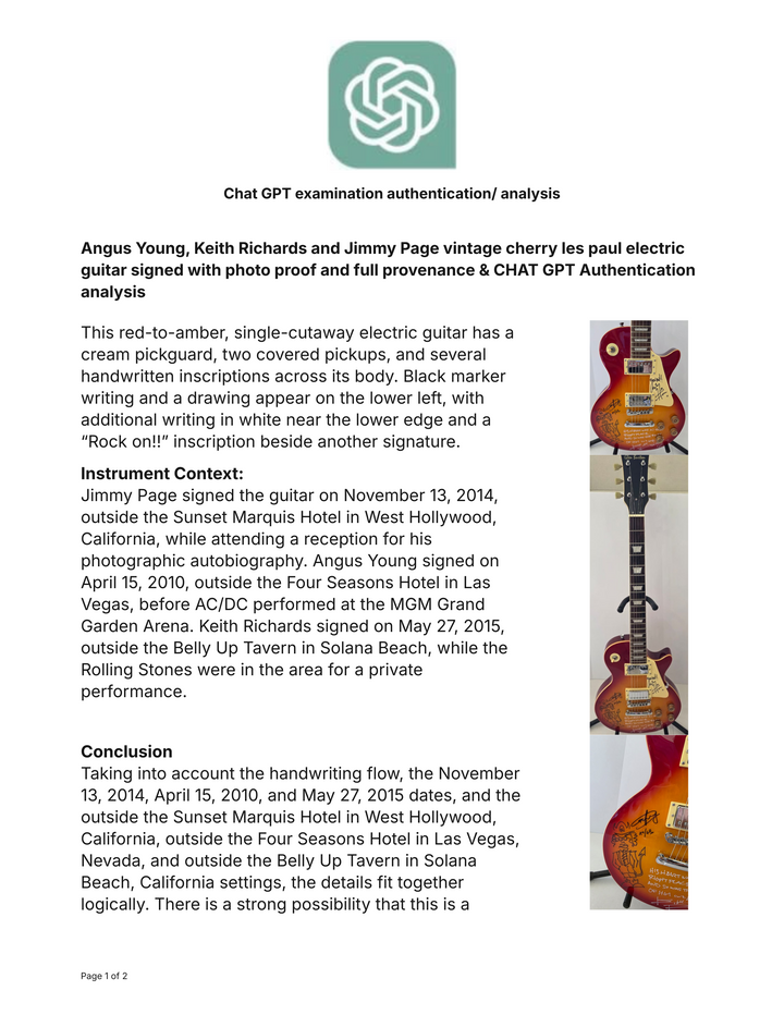 Angus Young, Keith Richards and Jimmy Page vintage cherry les paul electric guitar signed with photo proof and full provenance & CHAT GPT Authentication analysis - AA0926064 - image 9