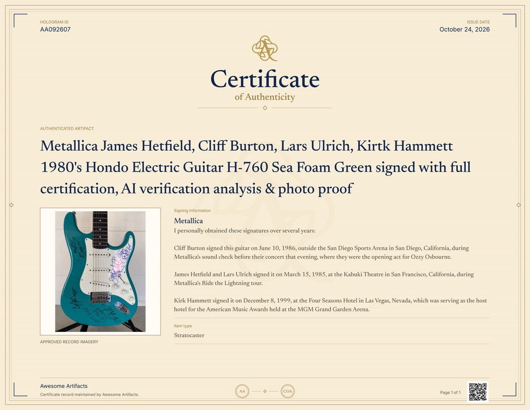 Metallica James Hetfield, Cliff Burton, Lars Ulrich, Kirtk Hammett 1980's Hondo Electric Guitar H-760 Sea Foam Green signed with full certification, AI verification analysis & photo proof - AA092607 - image 9