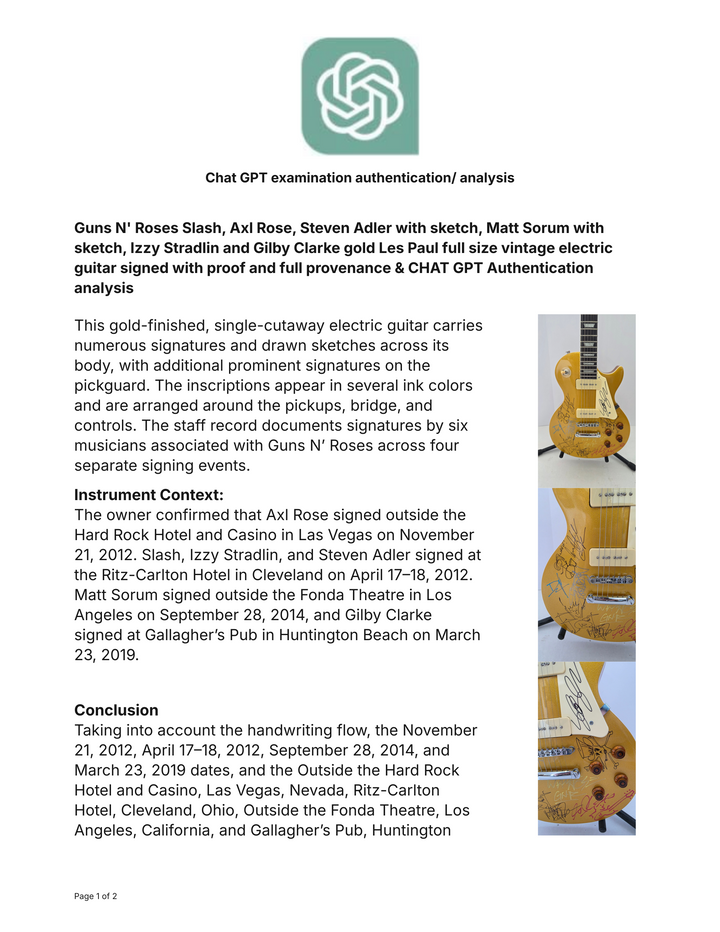 Guns N' Roses Slash, Axl Rose, Steven Adler with sketch, Matt Sorum with sketch, Izzy Stradlin and Gilby Clarke gold Les Paul full size vintage electric guitar signed with proof and full provenance & CHAT GPT Authentication analysis - AA09260195 - image 9