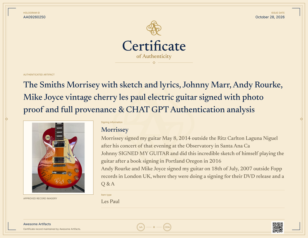 The Smiths Morrisey with sketch and lyrics, Johnny Marr, Andy Rourke, Mike Joyce vintage cherry les paul electric guitar signed with photo proof and full provenance & CHAT GPT Authentication analysis - AA09260250 - image 9