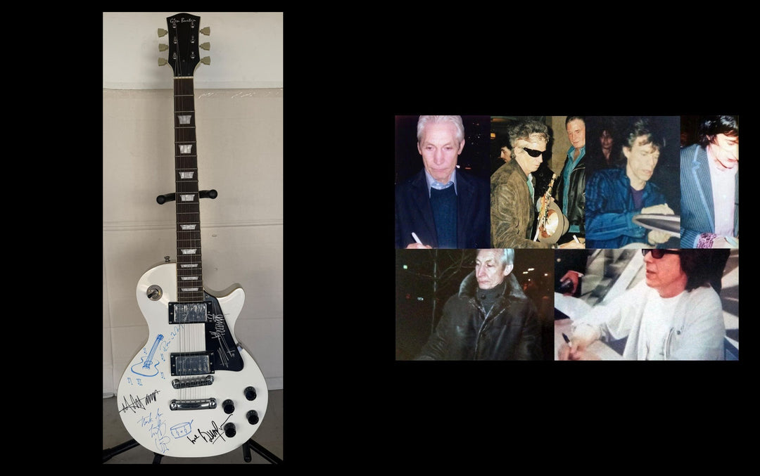Rolling Stones Mick Jagger, Keith Richards, Bill Wyman, Charlie Watts & Ronnie Wood white vintage les paul signed with photo proof and full provenance & CHAT GPT Authentication analysis - AA09260257 - image 9
