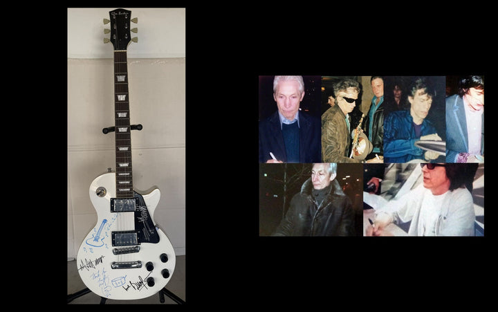 Rolling Stones Mick Jagger, Keith Richards, Bill Wyman, Charlie Watts & Ronnie Wood white vintage les paul signed with photo proof and full provenance & CHAT GPT Authentication analysis - AA09260257 - image 9