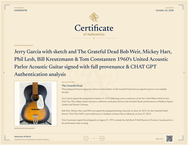 Jerry Garcia with sketch and The Grateful Dead Bob Weir, Mickey Hart, Phil Lesh, Bill Kreutzmann & Tom Constanten 1960's United Acoustic Parlor Acoustic Guitar signed with full provenance & CHAT GPT Authentication analysis - AA09260118 - image 9