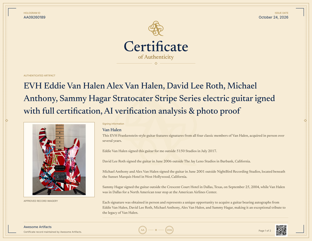 EVH Eddie Van Halen Alex Van Halen, David Lee Roth, Michael Anthony,  Sammy Hagar Stratocater Stripe Series electric guitar igned with full certification, AI verification analysis & photo proof - AA09260189 - image 9