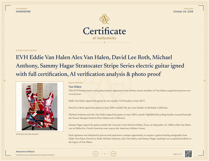 EVH Eddie Van Halen Alex Van Halen, David Lee Roth, Michael Anthony,  Sammy Hagar Stratocater Stripe Series electric guitar igned with full certification, AI verification analysis & photo proof - AA09260189 - image 9