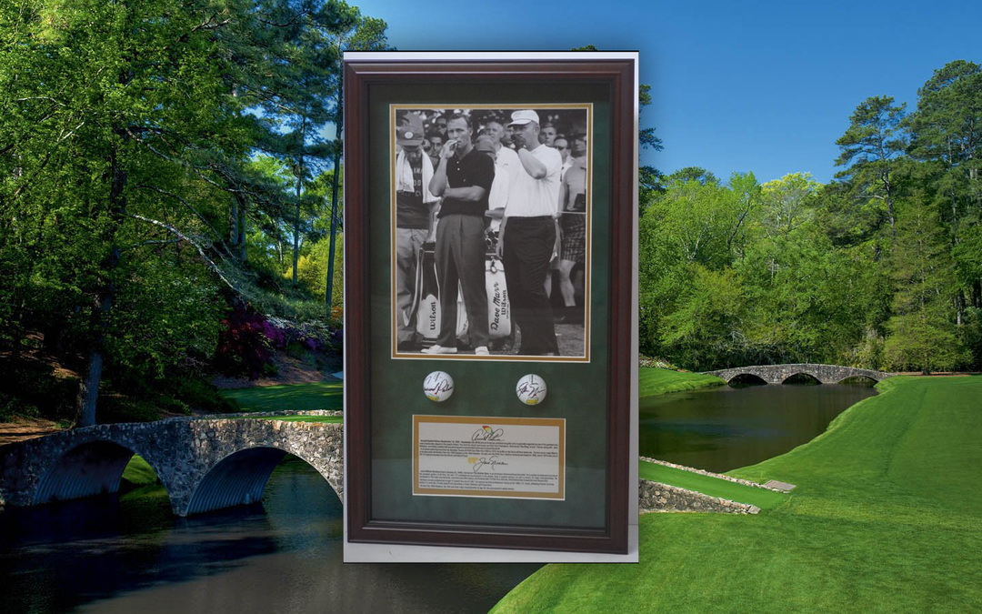 Jack Nicklaus and Arnold Palmer Masters golf balls framed 21x14 and signed with proof