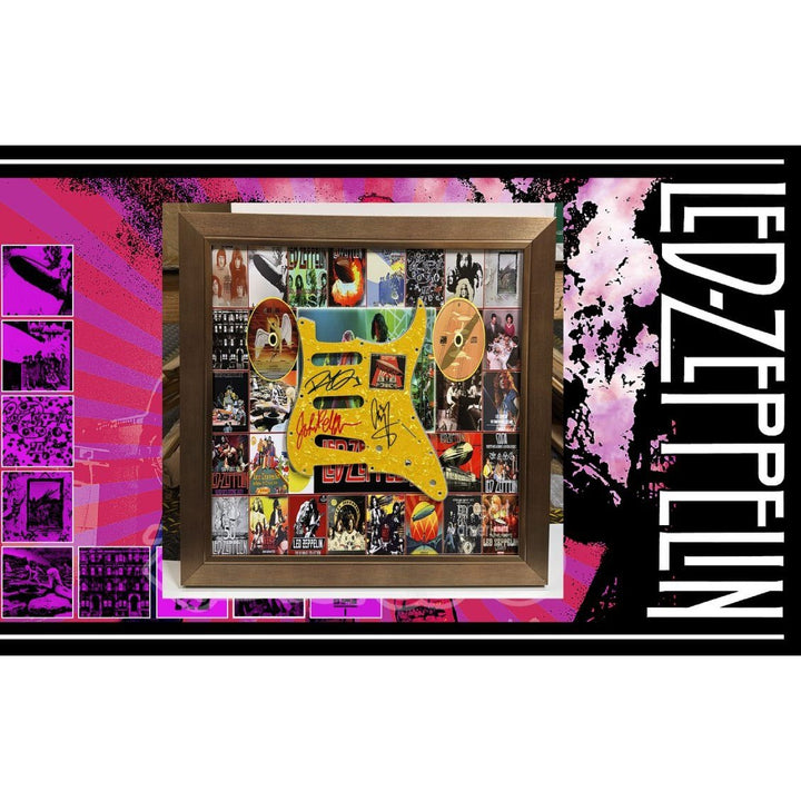 Led Zeppelin Jimmy Page,  John Paul Jones,  Robert Plant Stratocaster electric guitar pickguard signed with proof and museum quality frame