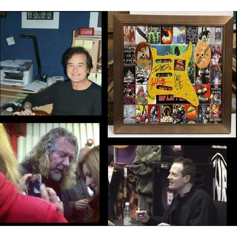Led Zeppelin Jimmy Page,  John Paul Jones,  Robert Plant Stratocaster electric guitar pickguard signed with proof and museum quality frame